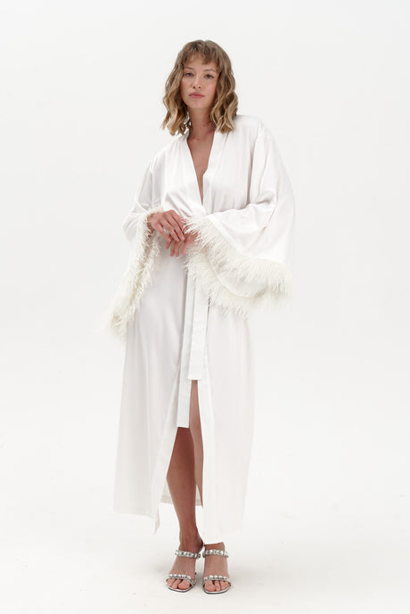 Satin Feather Dressing Gown in Ivory White