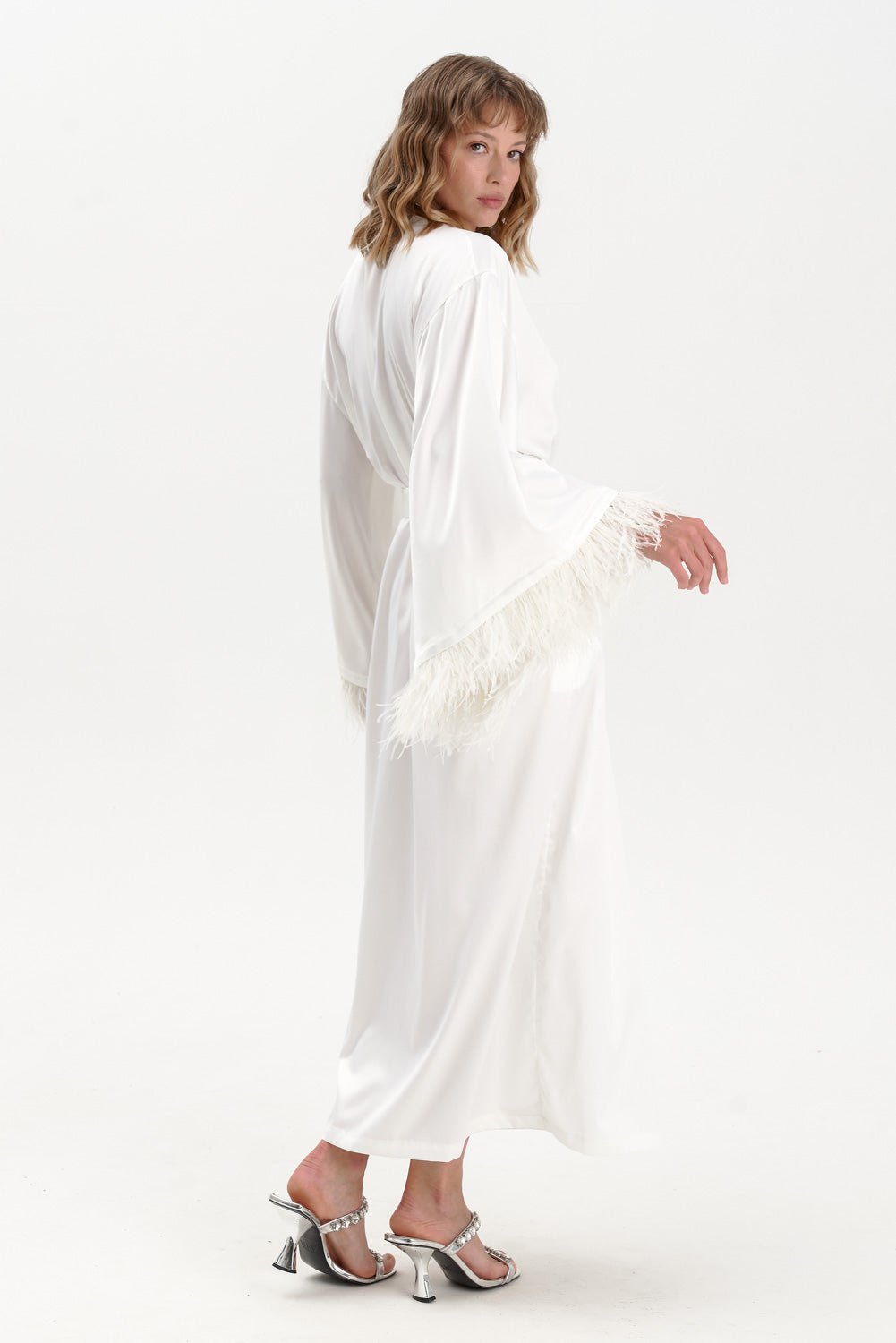Satin Feather Dressing Gown in Ivory White