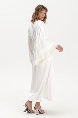 Satin Feather Dressing Gown in Ivory White