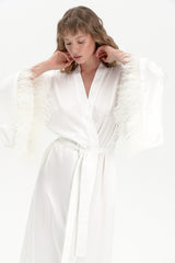 Satin Feather Dressing Gown in Ivory White