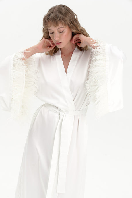 Satin Feather Dressing Gown in Ivory White