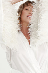 Satin Feather Dressing Gown in Ivory White