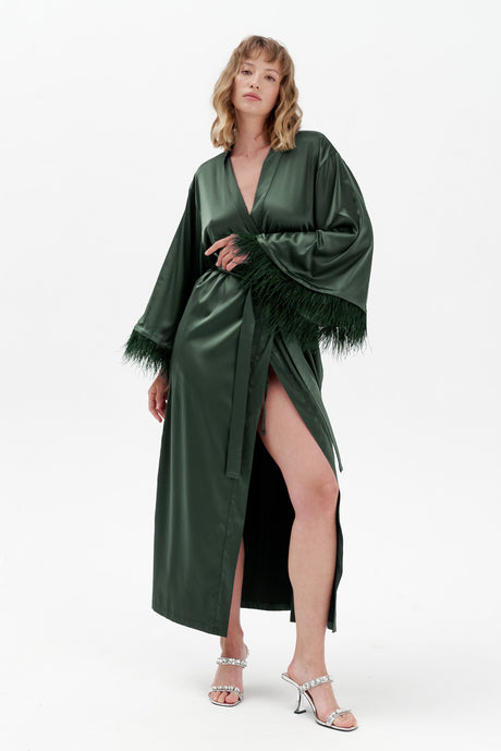 Satin Feather Dressing Gown in Green