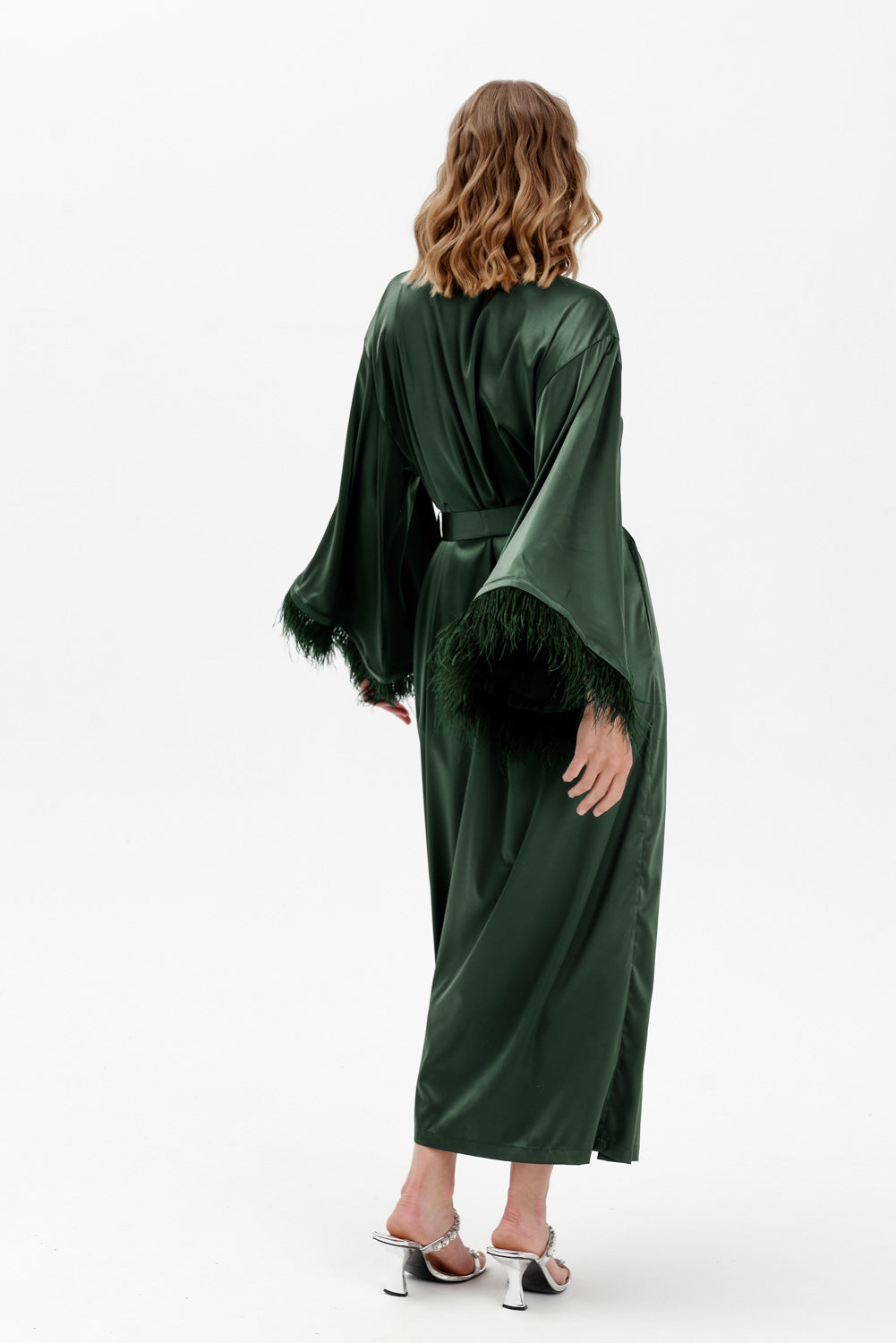 Satin Feather Dressing Gown in Green