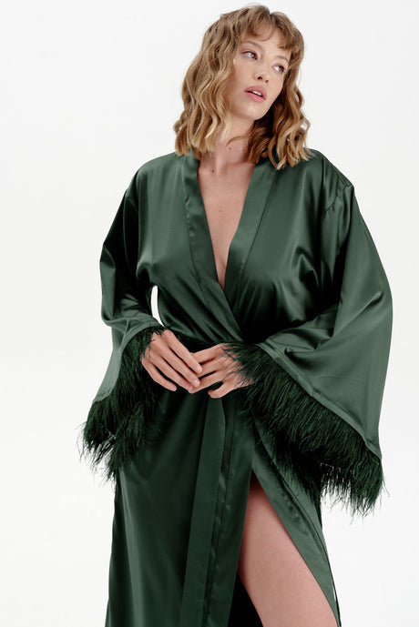 Satin Feather Dressing Gown in Green