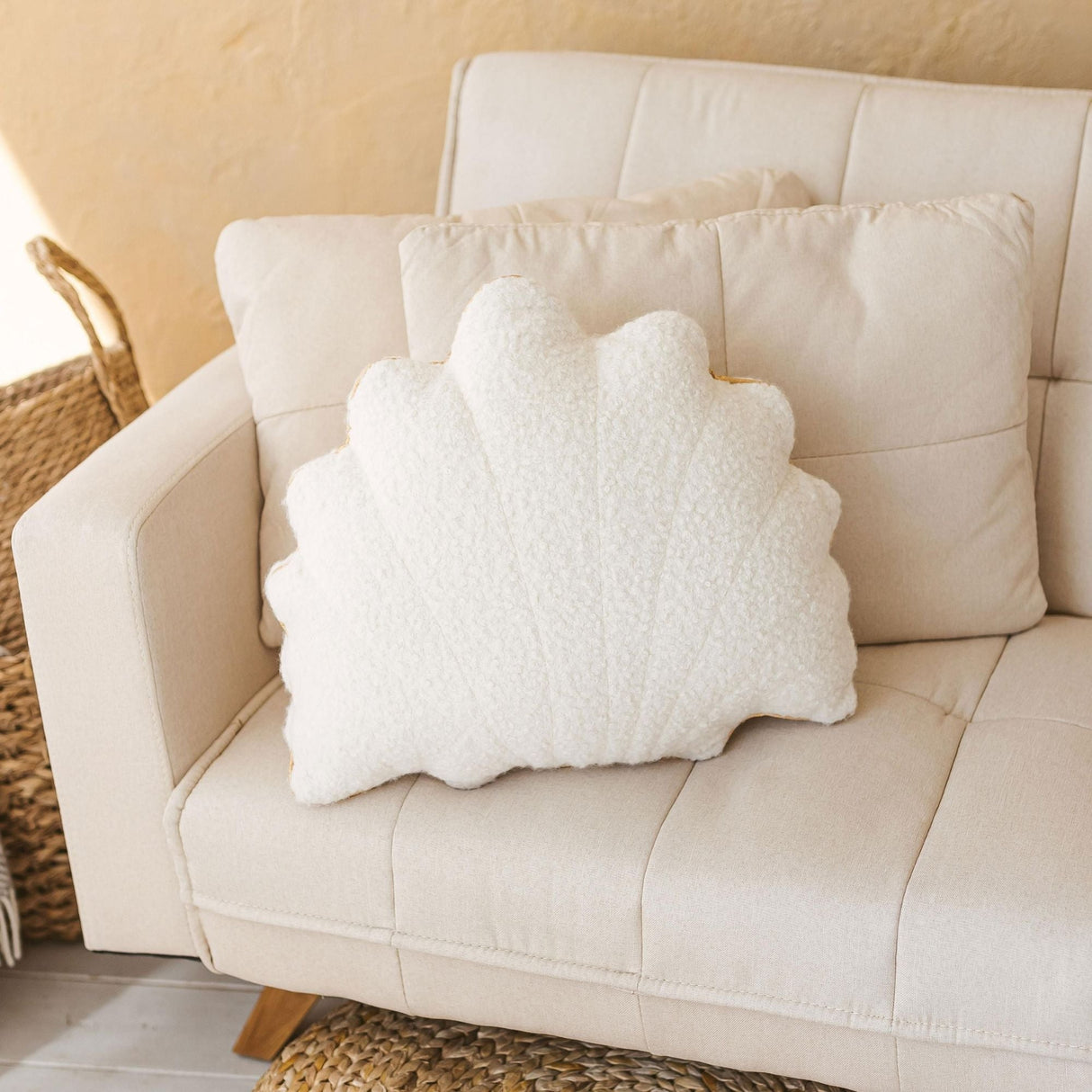 MINICAMP Ecru Boucle Seashell Cushion With Chic Golden Trim