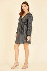 Mela Black Sequin Belted Wrap Long Sleeve Dress