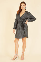 Mela Black Sequin Belted Wrap Long Sleeve Dress