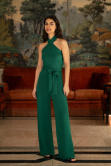 Yumi Green Cross Over Halter Neck Jumpsuit
