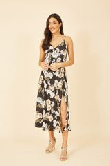 Mela Black Floral Satin Twist Front Midi Dress