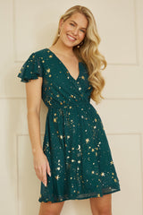 Yumi Green Foil Star Print Wrap Skater Dress