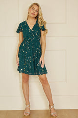 Yumi Green Foil Star Print Wrap Skater Dress