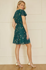 Yumi Green Foil Star Print Wrap Skater Dress