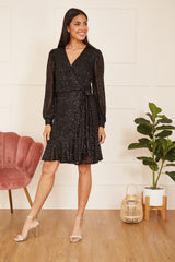 Mela Black Sequin Long Sleeve Frill Wrap Dress