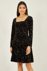 Yumi Black Star Foil Print Long Sleeve Skater Dress