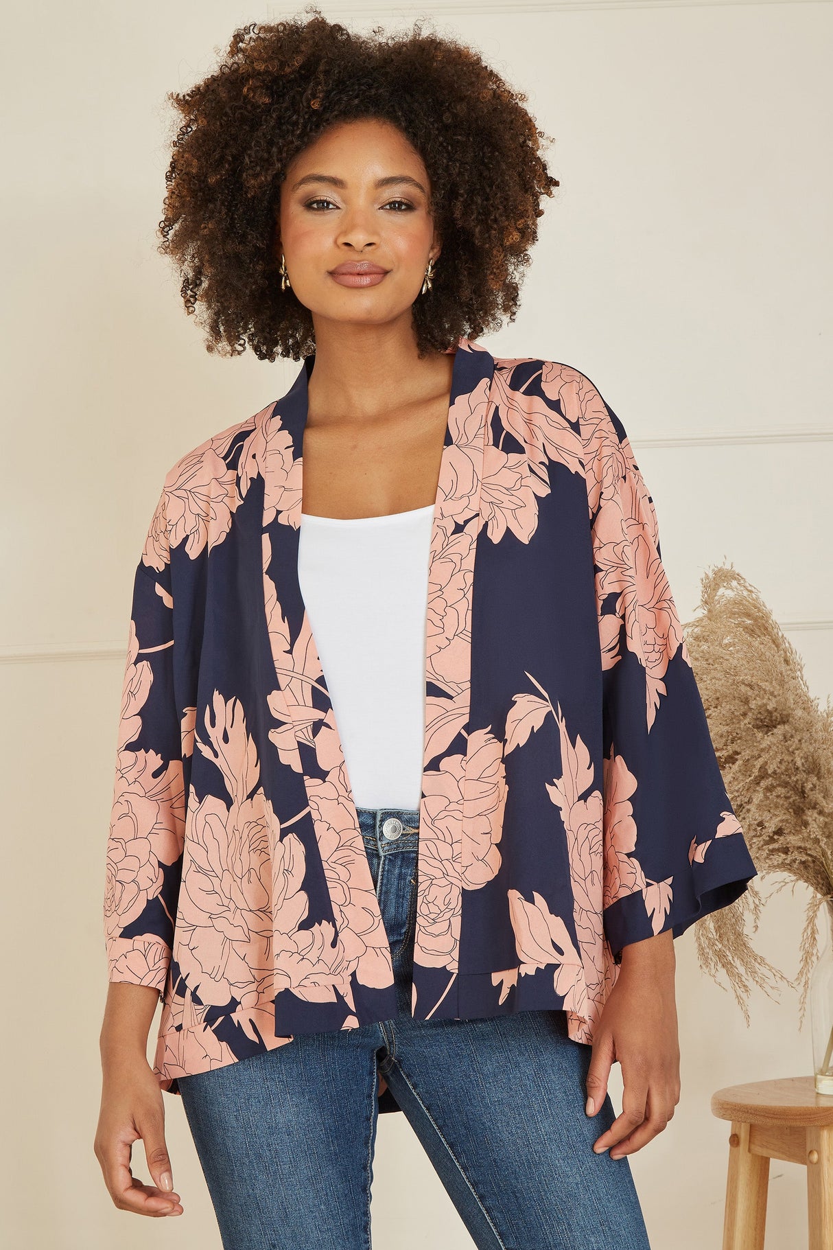 Yumi Navy Floral Blossom Print Kimono