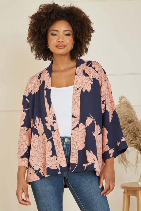 Yumi Navy Floral Blossom Print Kimono