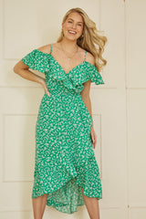 Yumi Green Ditsy Print Bardot Midi Dress With Dip Hem