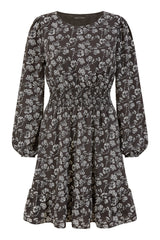 Mela Black Floral Print Ruched Waist Long Sleeve Skater Dress
