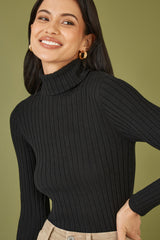 Yumi Black Ribbed Knit Roll Neck Jumper