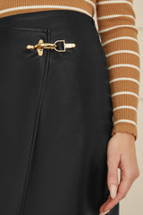 Yumi Black Faux Leather Wrap Mini Skirt