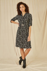 Mela Black Dash Print Skater Dress With Buckle
