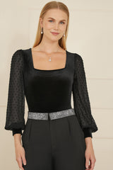 Mela Black Velvet Bodysuit With Sheer Sleeves And Square Neckline