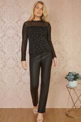 Yumi Black Mesh Star Print Long Sleeve Top