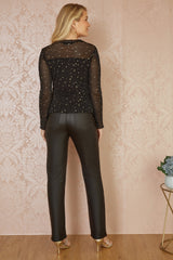 Yumi Black Mesh Star Print Long Sleeve Top