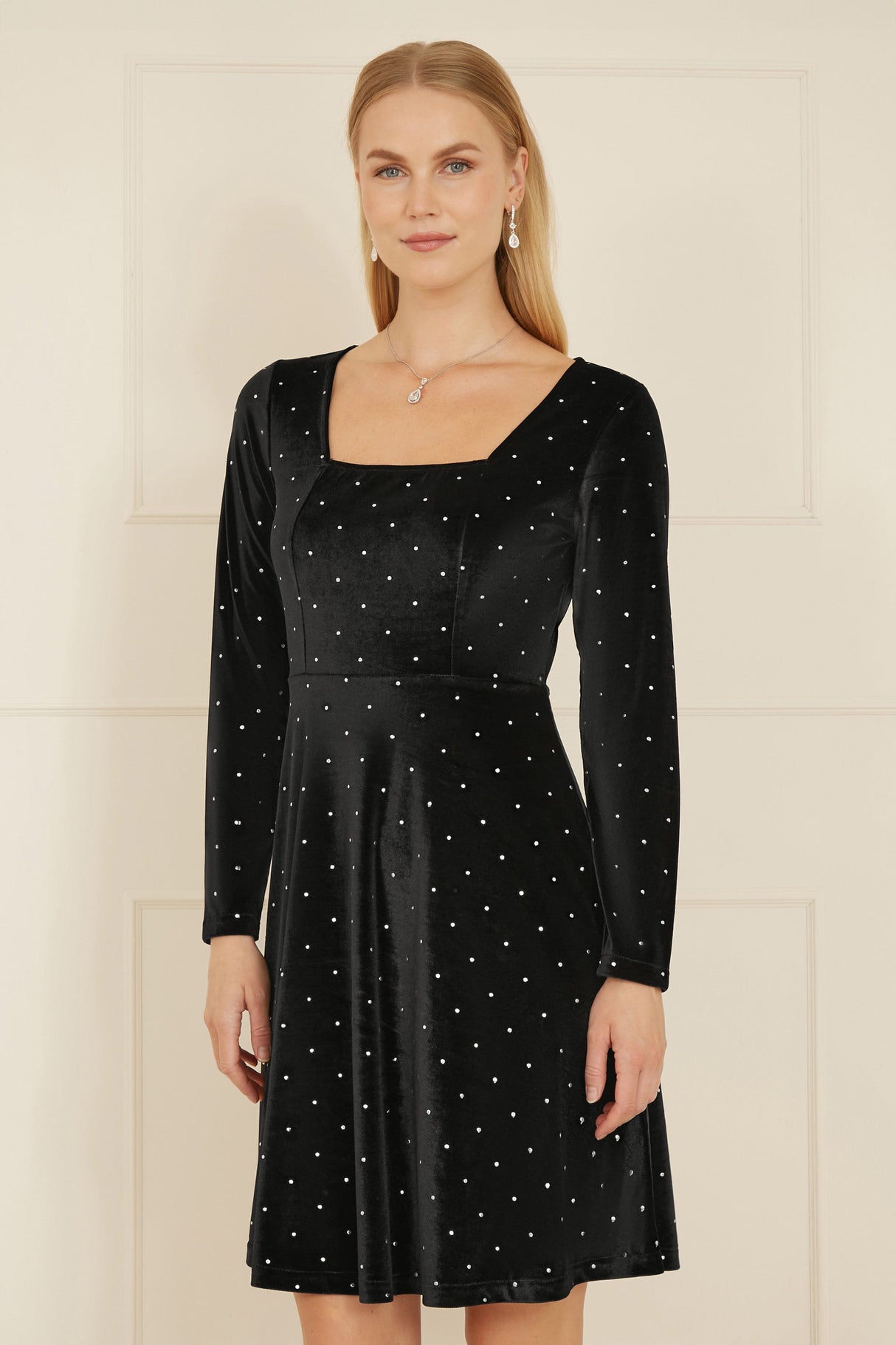 Yumi Black Skater Dress With Diamantes and Long Sleeve