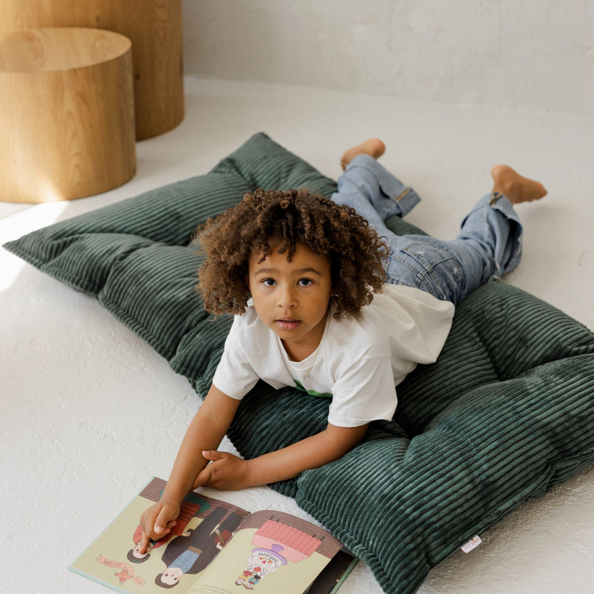 MINICAMP Tufted Corduroy Floor Cushion, French Style Pillow in Petrol Green