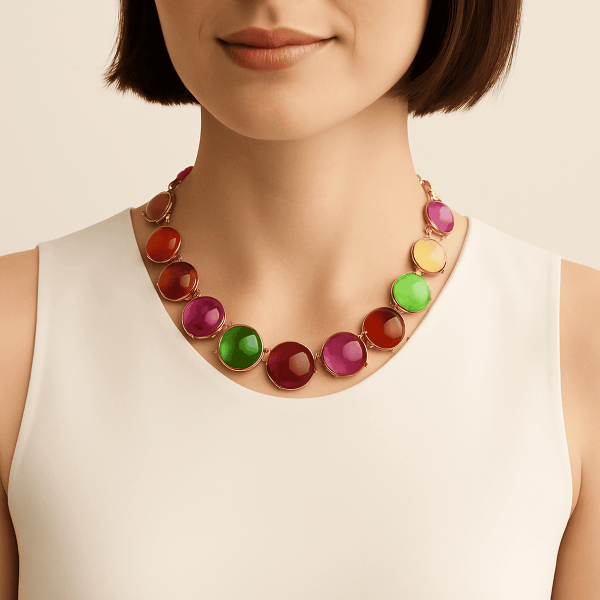 Penny Round Cabachon Multi Color Necklace