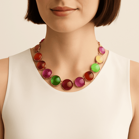 Penny Round Cabachon Multi Color Necklace