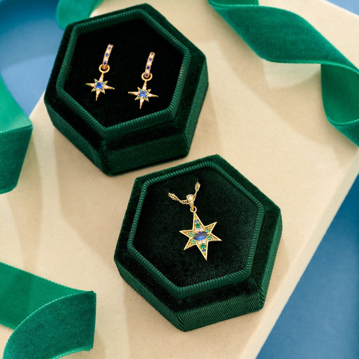 Nova North Star Hoop Earrings Sapphire Blue & Gold