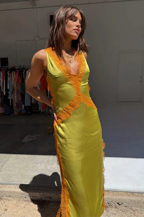 Never Fully Dressed Olive and Orange Lace Clio Dress