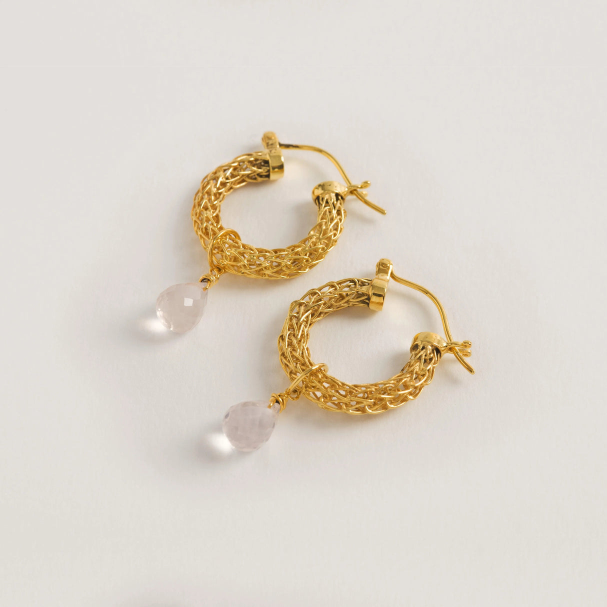 Gold Weave Mini Hoops With Rose Quartz Charm