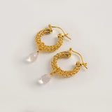 Gold Weave Mini Hoops With Rose Quartz Charm