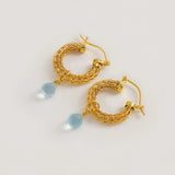 Gold Weave Mini Hoops With Blue Topaz Charm