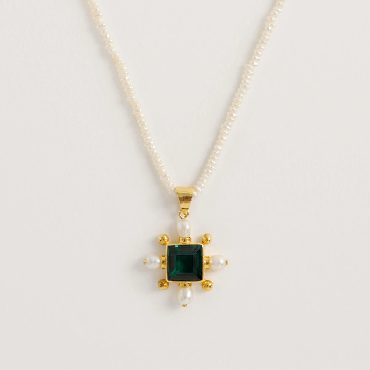 Seed Pearl Necklace With Green Quartz Cross Pendant