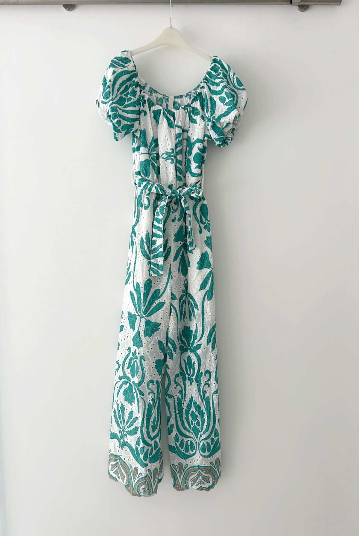 Printed Broderie Anglaise Belted Jumpsuit Turquoise