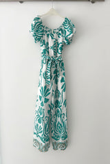 Printed Broderie Anglaise Belted Jumpsuit Turquoise