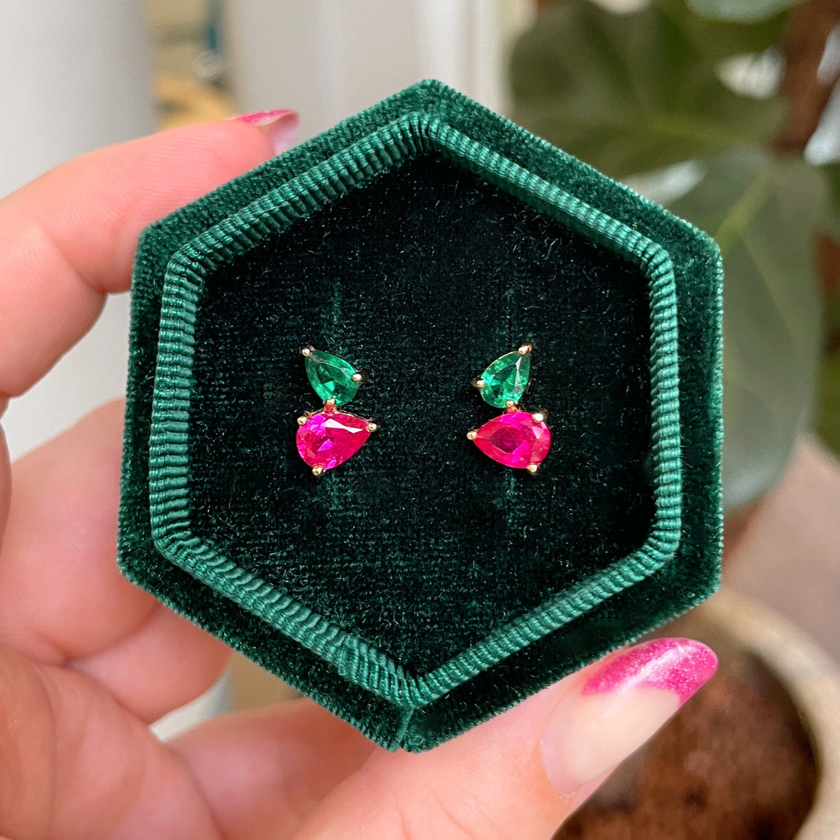 Sofia Stud Earrings, Emerald Green, Bright Pink & Gold