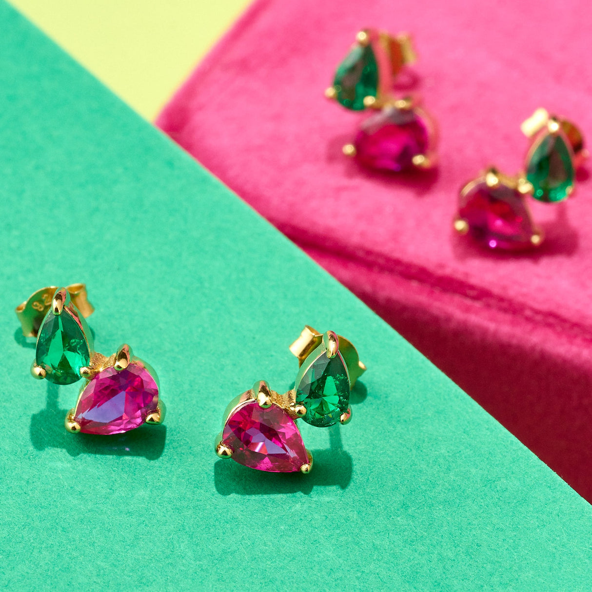 Sofia Stud Earrings, Emerald Green, Bright Pink & Gold