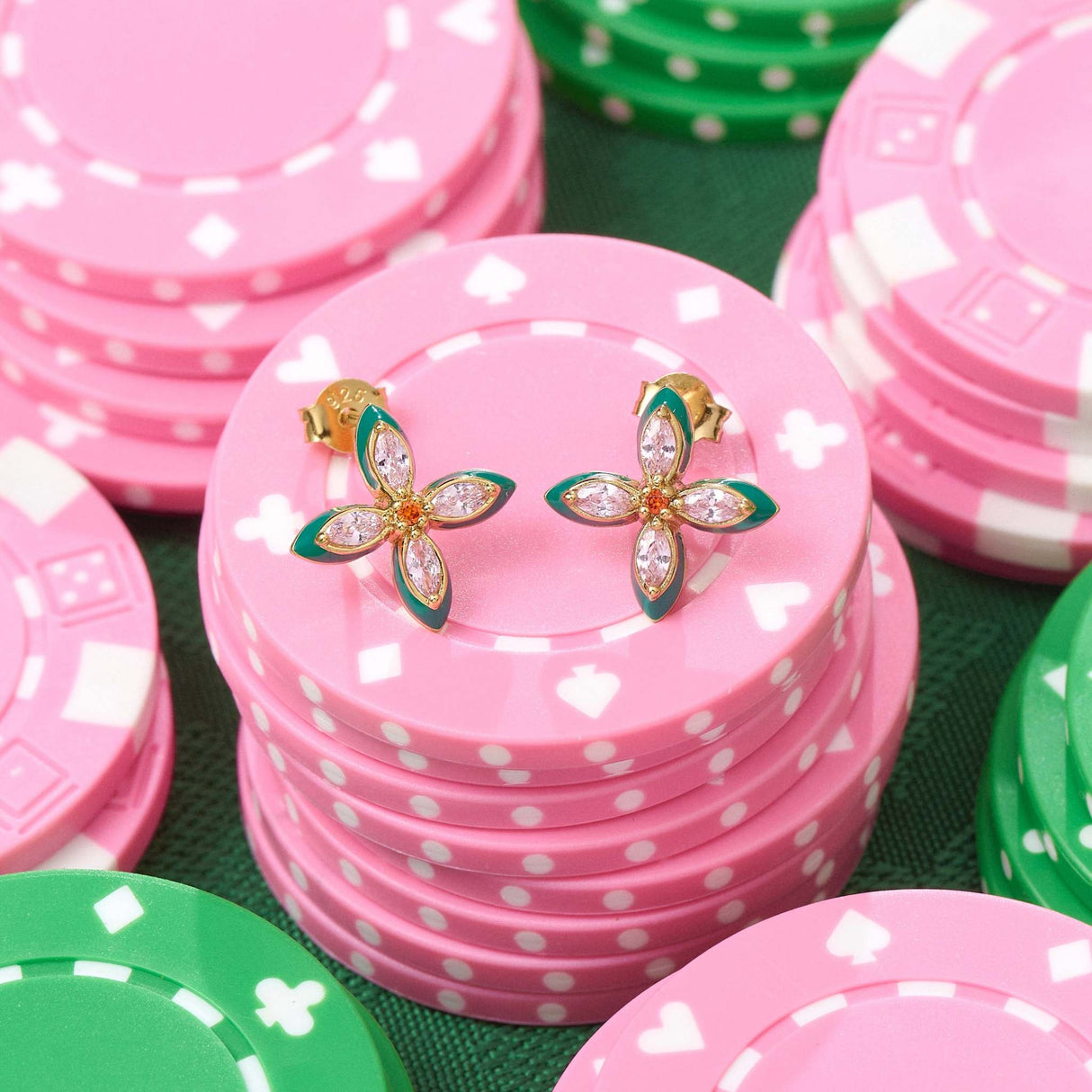 Lucky Clover Stud Earrings, Emerald Green, Blush Pink & Gold