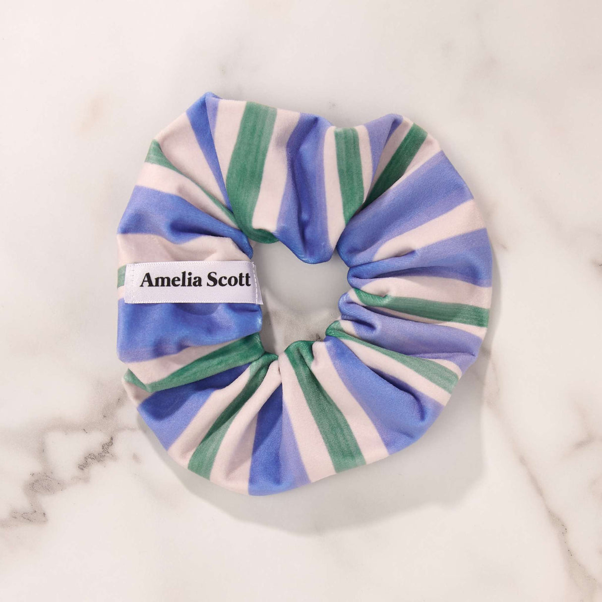 Lucy Cornflower & Sage Stripe Velvet Scrunchie