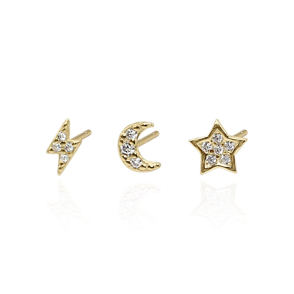 Miku Lightning, Moon & Star Stud Earrings Set | 18K Gold Plated