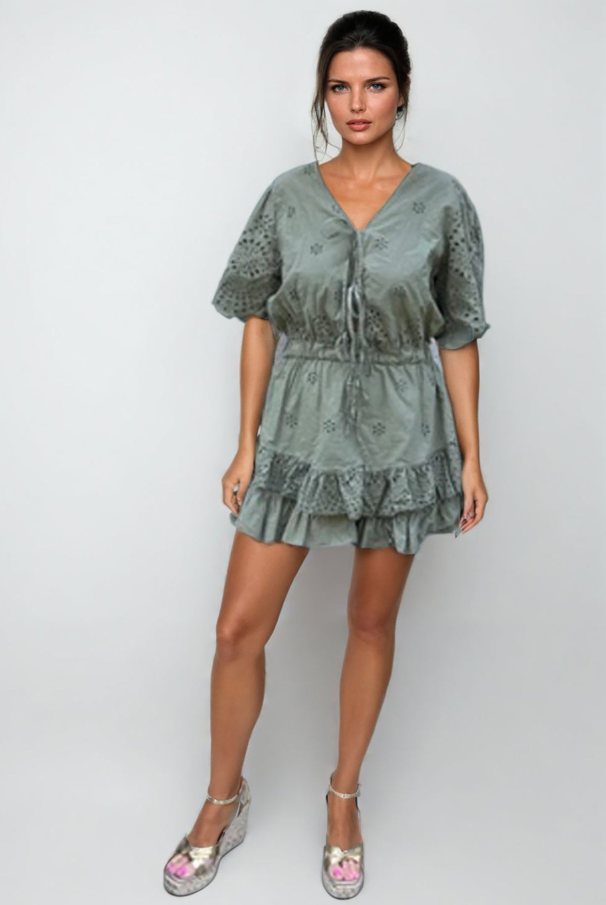 Broderie Anglaise Laser Cut Playsuit Khaki