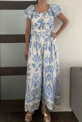 Printed Broderie Anglaise Belted Jumpsuit Blue