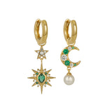 Luna Moon & Star Huggie Hoop Earrings Emerald Green & Gold