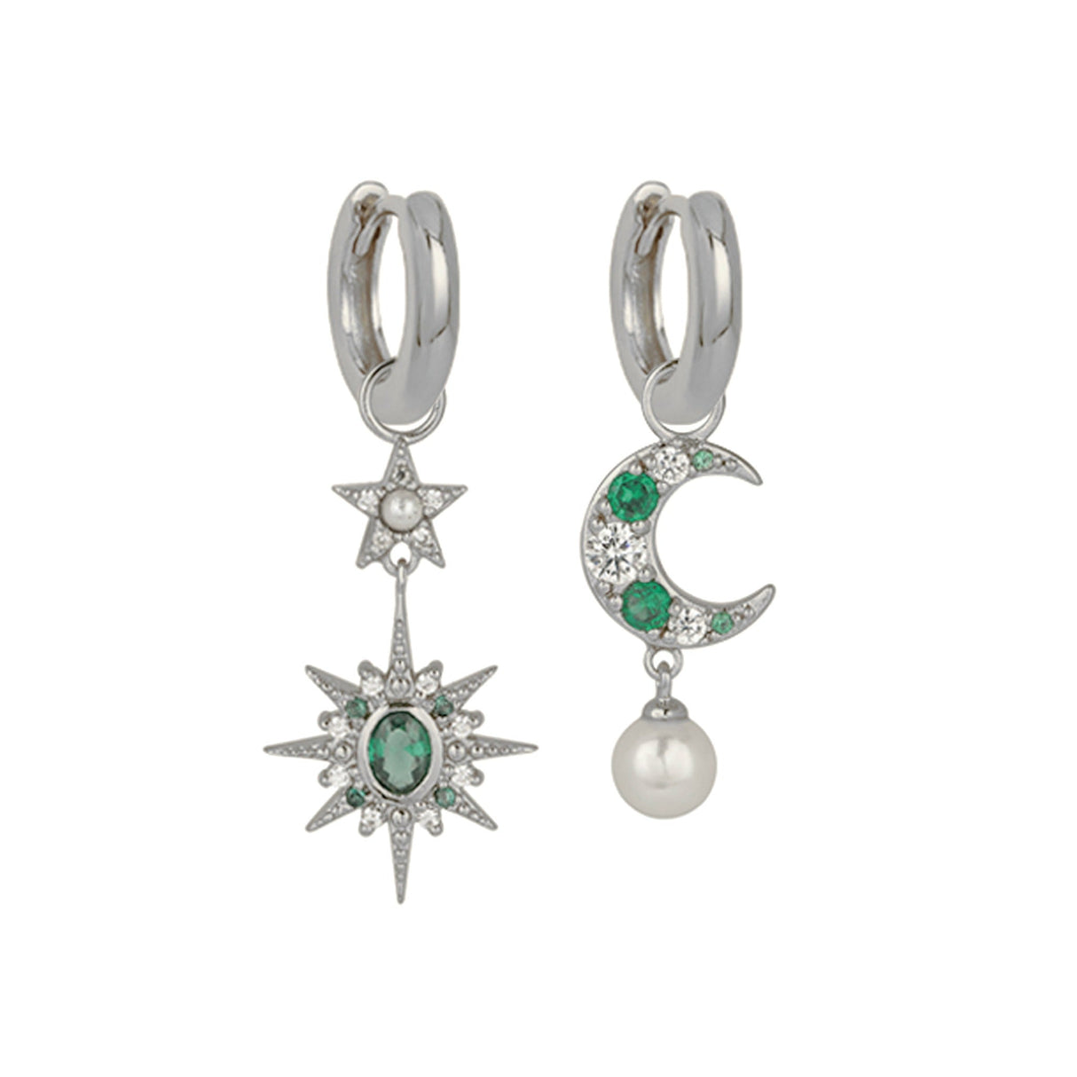 Luna Moon & Star Huggie Hoop Earrings Emerald Green & Silver
